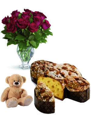 12 rose con colomba e peluche a Roma