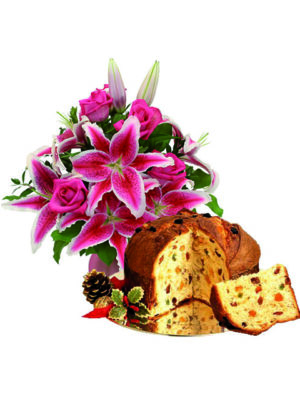 Bouquet di rose e lilium con panettone a Roma